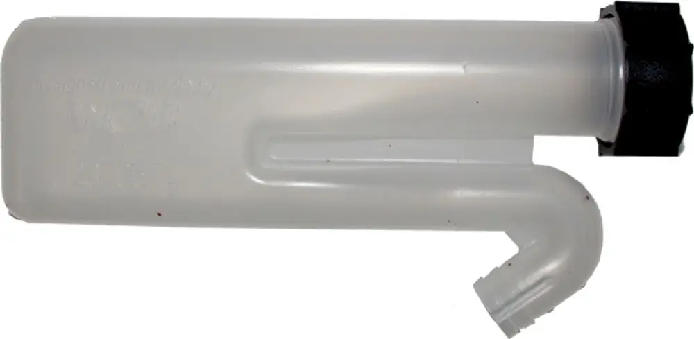 Transparentes Siphon-Behälter von Wolf mit seitlichem Abgang und schwarzem Schraubverschluss. Ideal zum Auffangen von Flüssigkeiten.